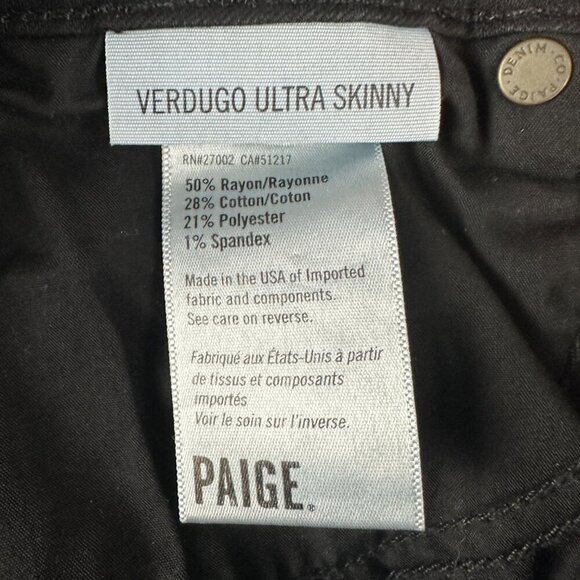 PAIGE Jeans Womens 27 Verdugo Ultra Skinny Black Stretch Pockets Logo - Picture 6 of 10